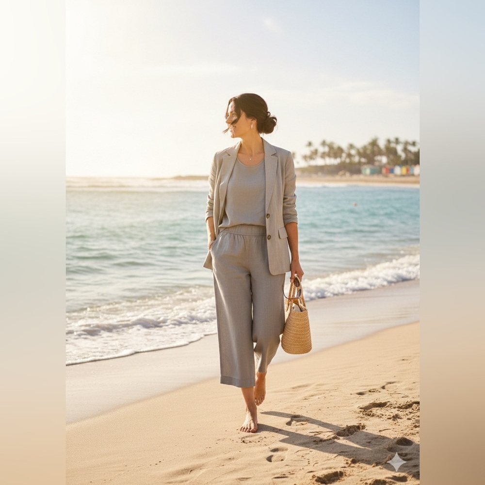 Tahari 100% Linen Wide Leg Crop Pants Medium Grey Elastic Waist M